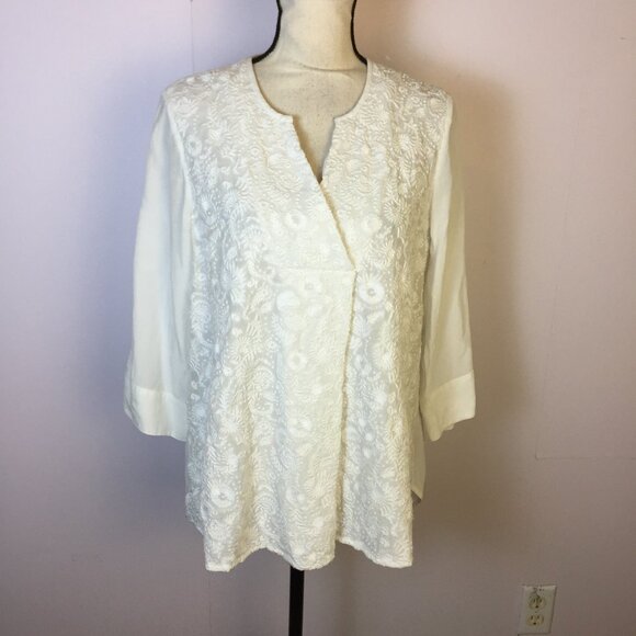 Tommy Bahama Blouse Tunic Top SP Womans Petite White Embroidered V-Neck Sheer - Picture 1 of 12